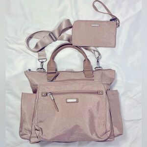 Baggallini 3-in-1 convertible backpack tote bag with RFID wristlet Blush Shimmer